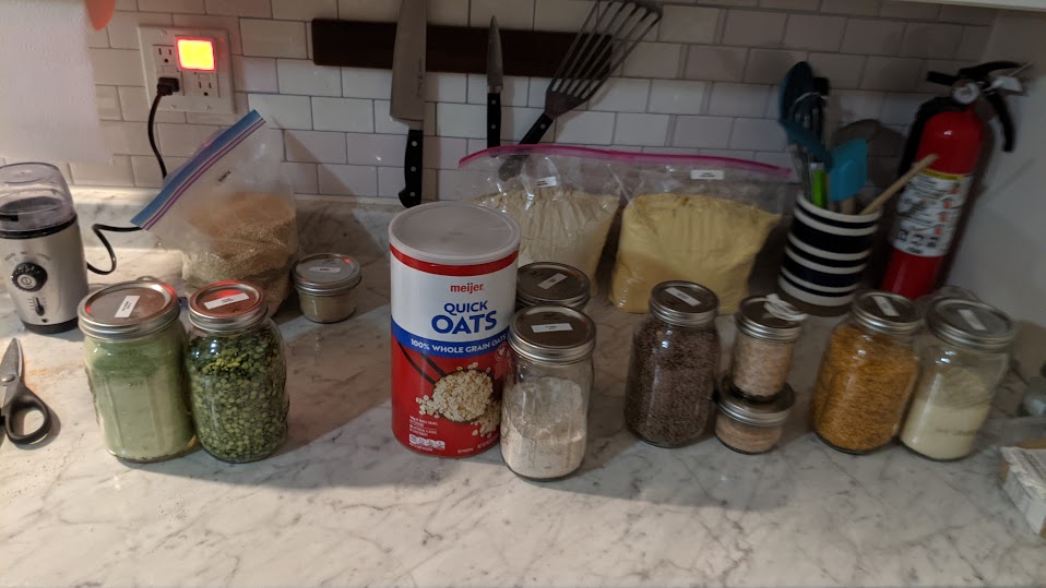  completed flours. quinoa, chickpea, corn, green pea, oats, lentil, pigeon pea