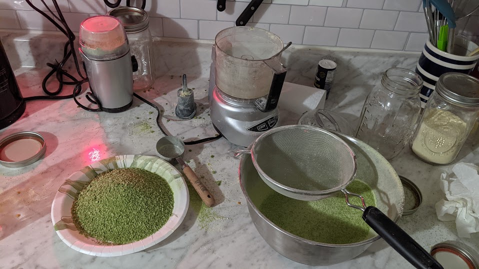  grinding dried peas into flour